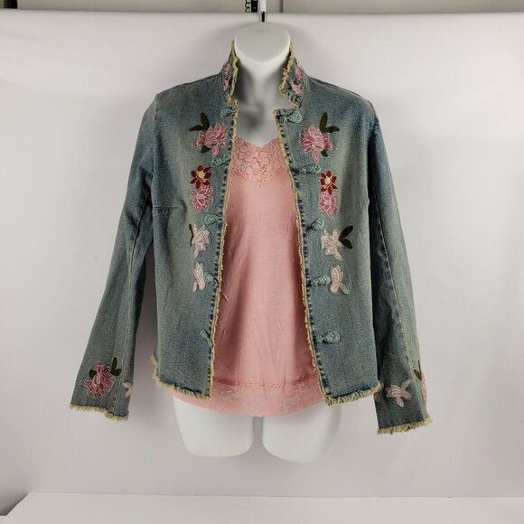 INC Concepts Petite P Denim Jacket Embroidered Flowers Womens Frog Closure Coat - Picture 2 of 16